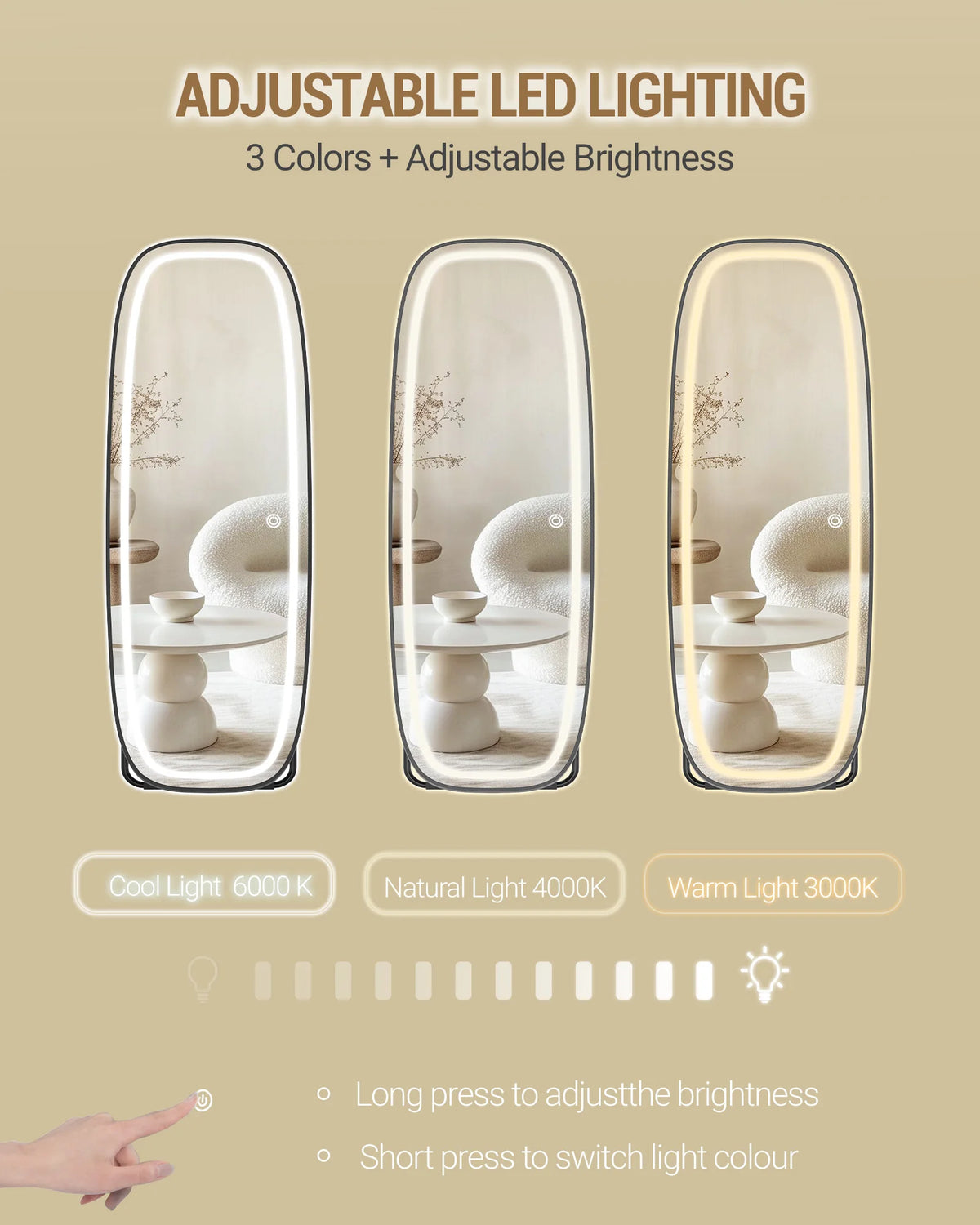 Miroir sur Pied Lumineux Noir 3 Couleurs - Iris – vue 4
