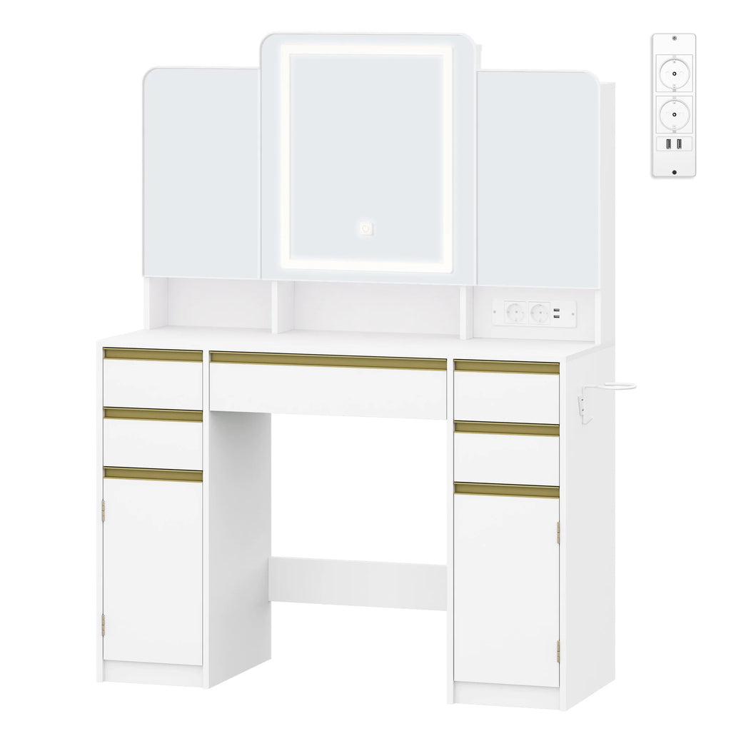 Coiffeuse avec Triple Miroir Pliant et Rangement Caché - Eva