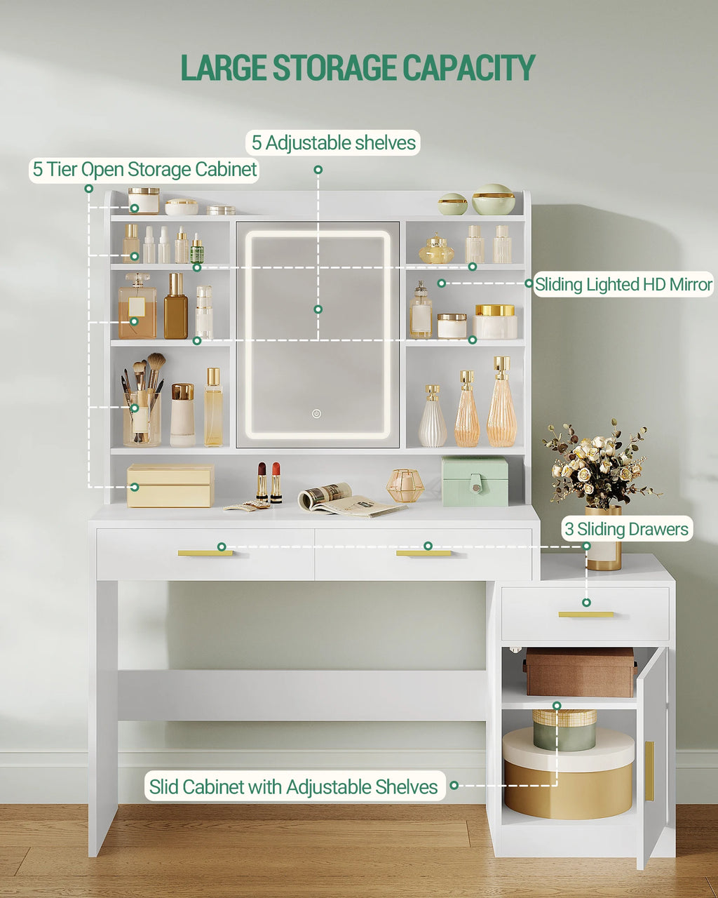 Coiffeuse 100 cm avec Miroir, 3 Tiroirs et Armoire - Louise – vue 3