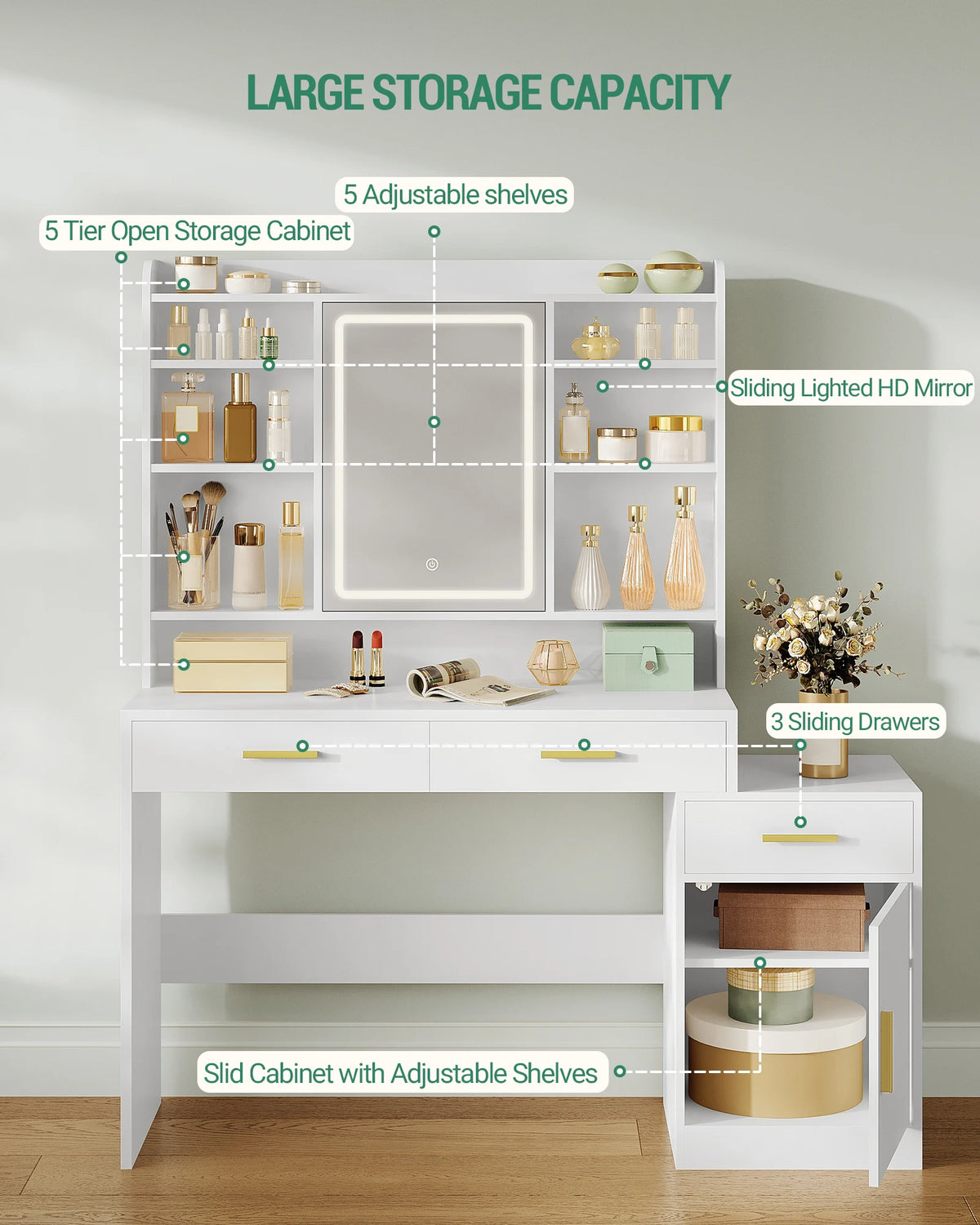 Coiffeuse 100 cm avec Miroir, 3 Tiroirs et Armoire - Louise – vue 3