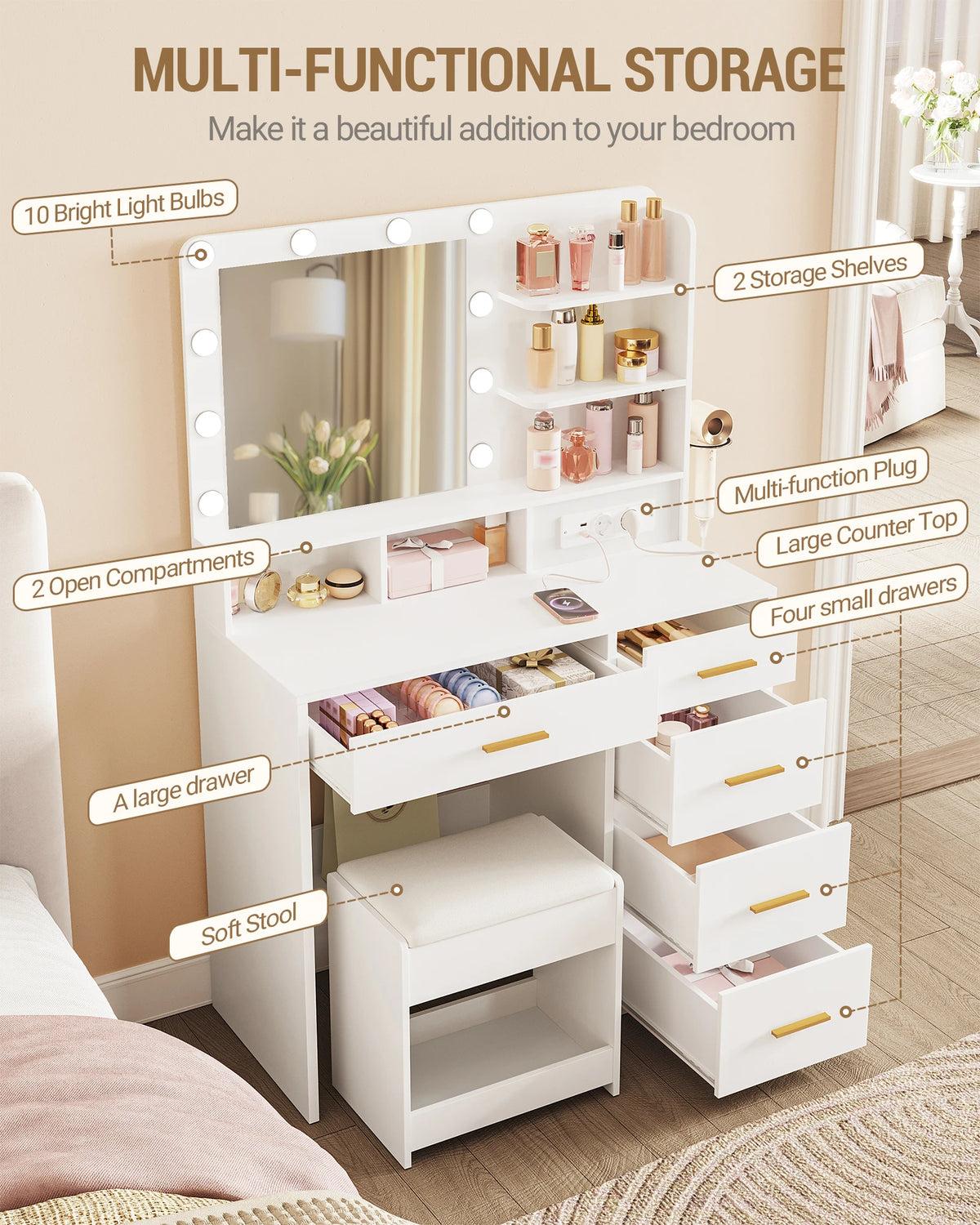 Coiffeuse avec Tabouret, Miroir LED et Prise Électrique - Camille – vue 3