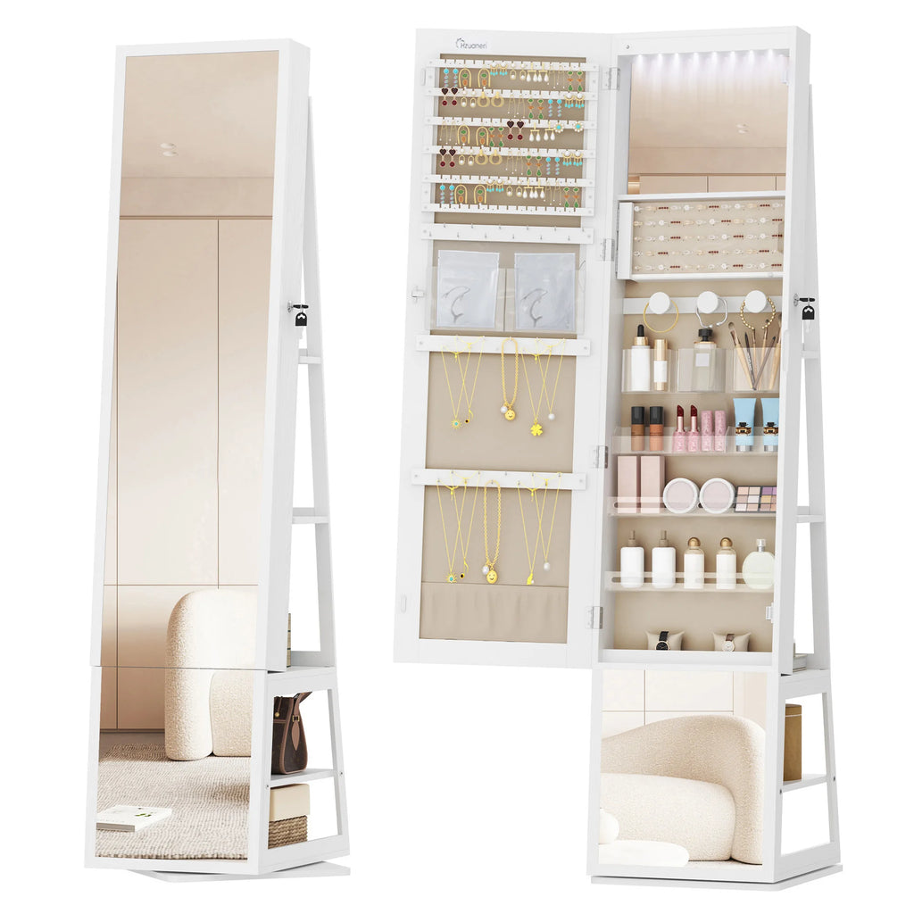 Armoire à Bijoux Rotative avec Miroir Pleine Longueur - Rose