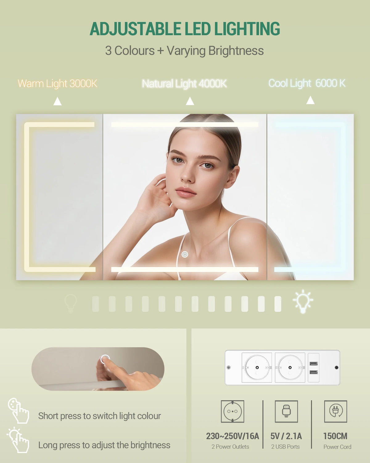 Coiffeuse avec Triple Miroir LED et Multiprise - Emma – vue 4