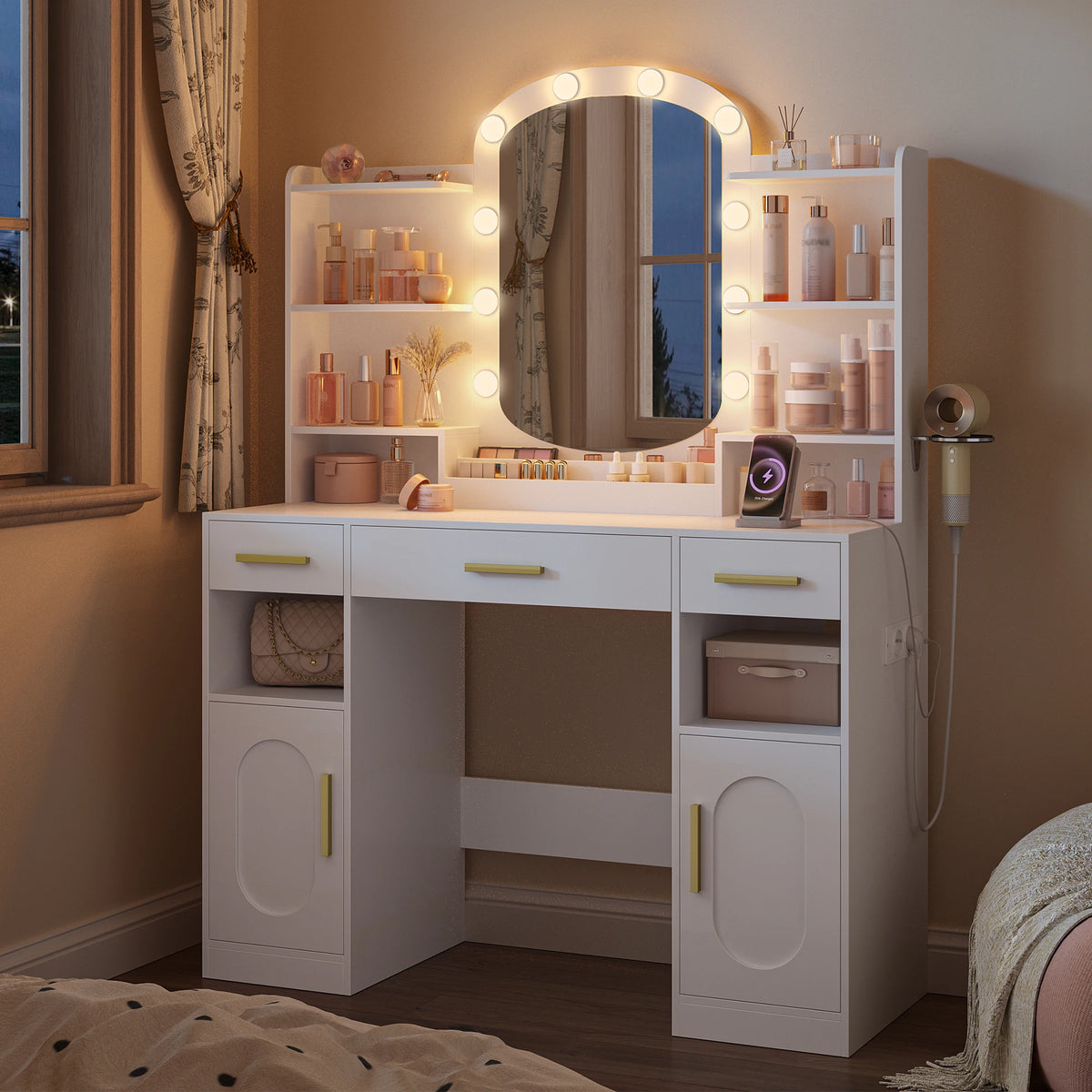 Coiffeuse avec Miroir Ovale et Support Sèche-Cheveux - Céleste – vue 2