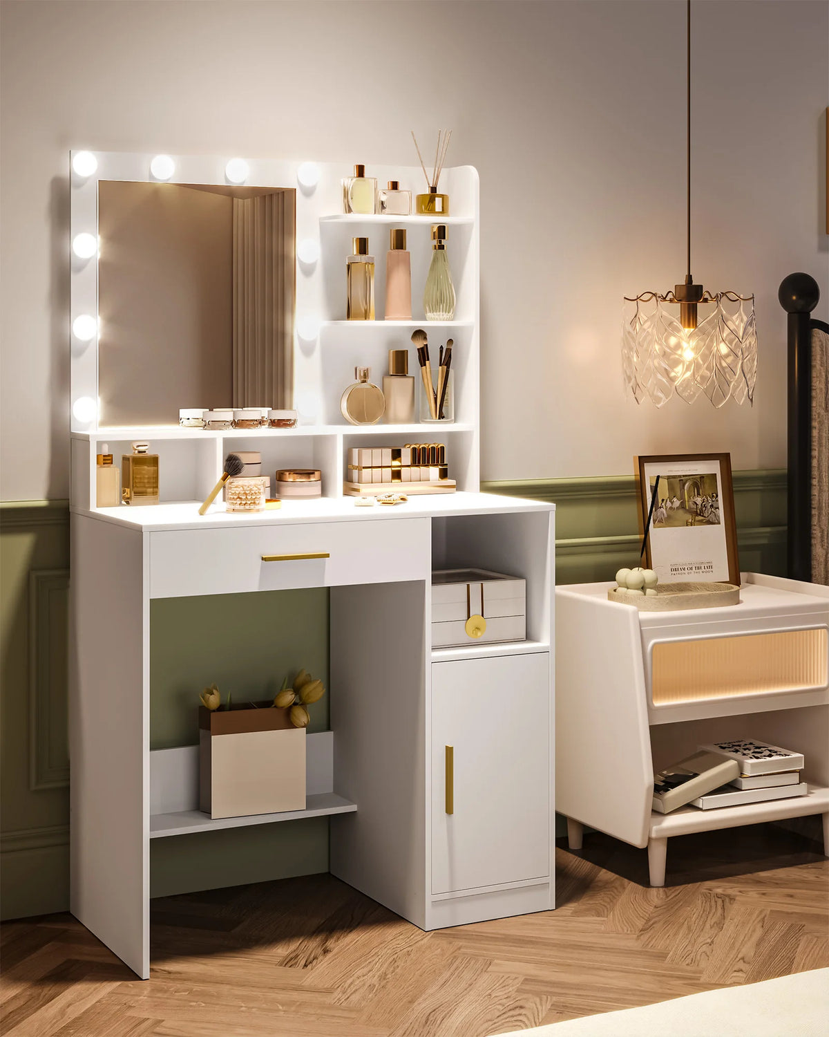 Coiffeuse avec Miroir 10 LED et Rangements - Élise