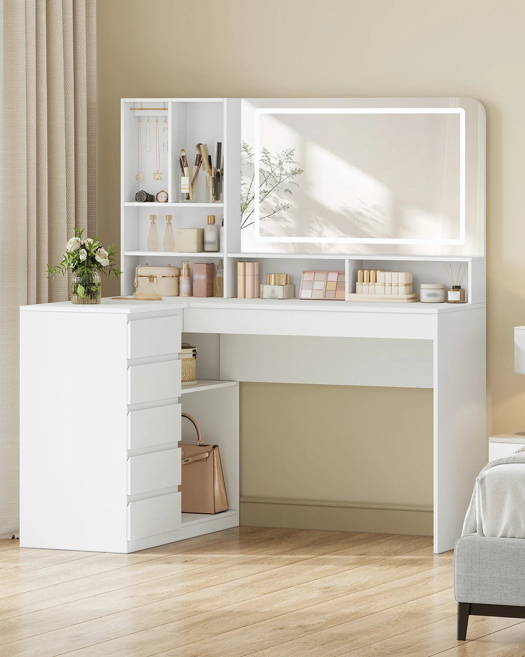 Coiffeuse d'Angle en L avec Miroir LED - Clara – vue 2