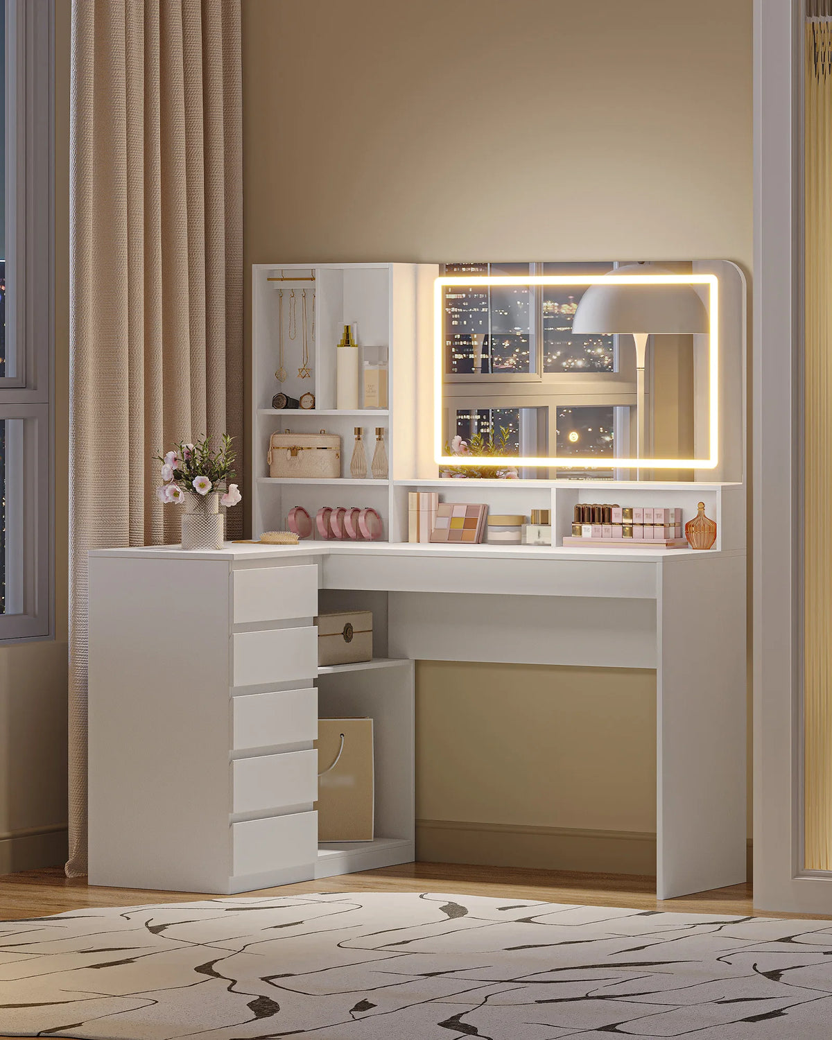 Coiffeuse d'Angle en L avec Miroir LED - Clara