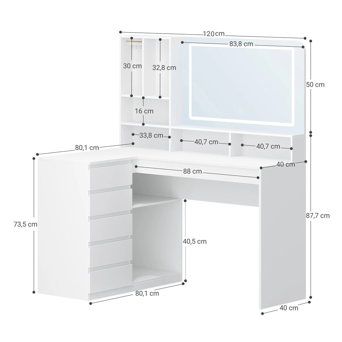 Coiffeuse d'Angle en L avec Miroir LED - Clara – vue 6