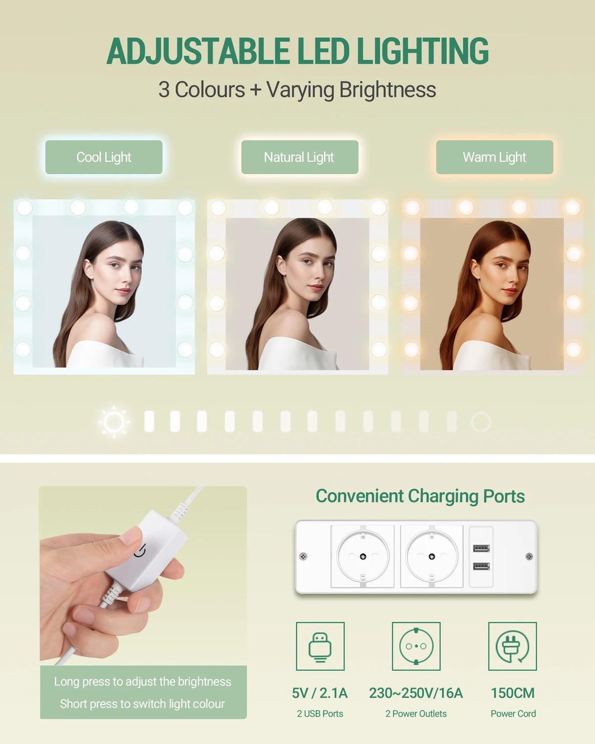 Coiffeuse LED avec Prises USB et Support Sèche-Cheveux - Manon – vue 4