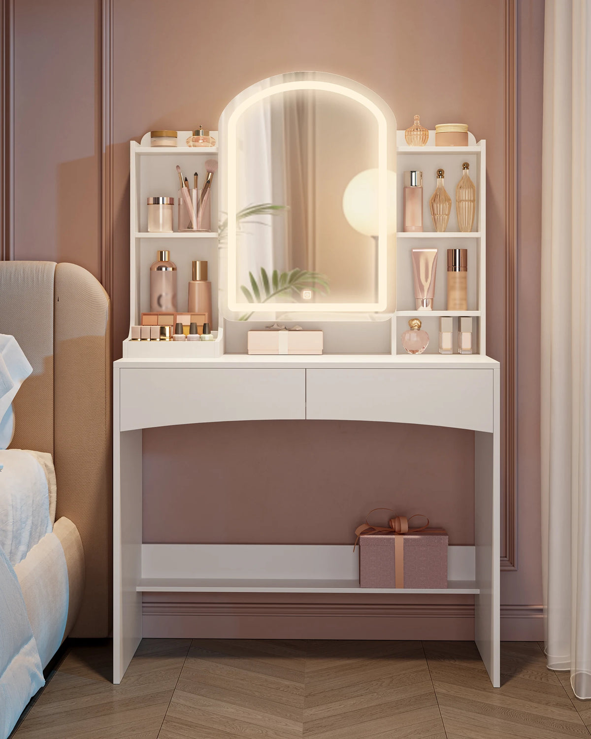 Coiffeuse avec Miroir Rond LED et Bijoux Cachés - Sofia – vue 2
