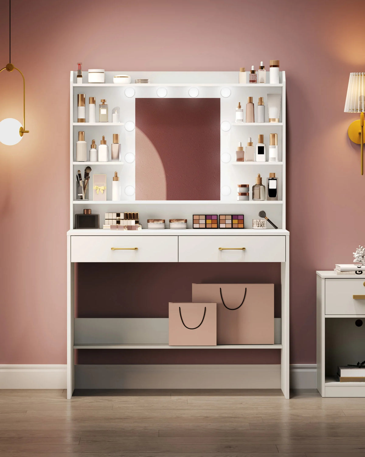 Coiffeuse Blanche avec Miroir Lumineux et 2 Tiroirs - Lola – vue 2