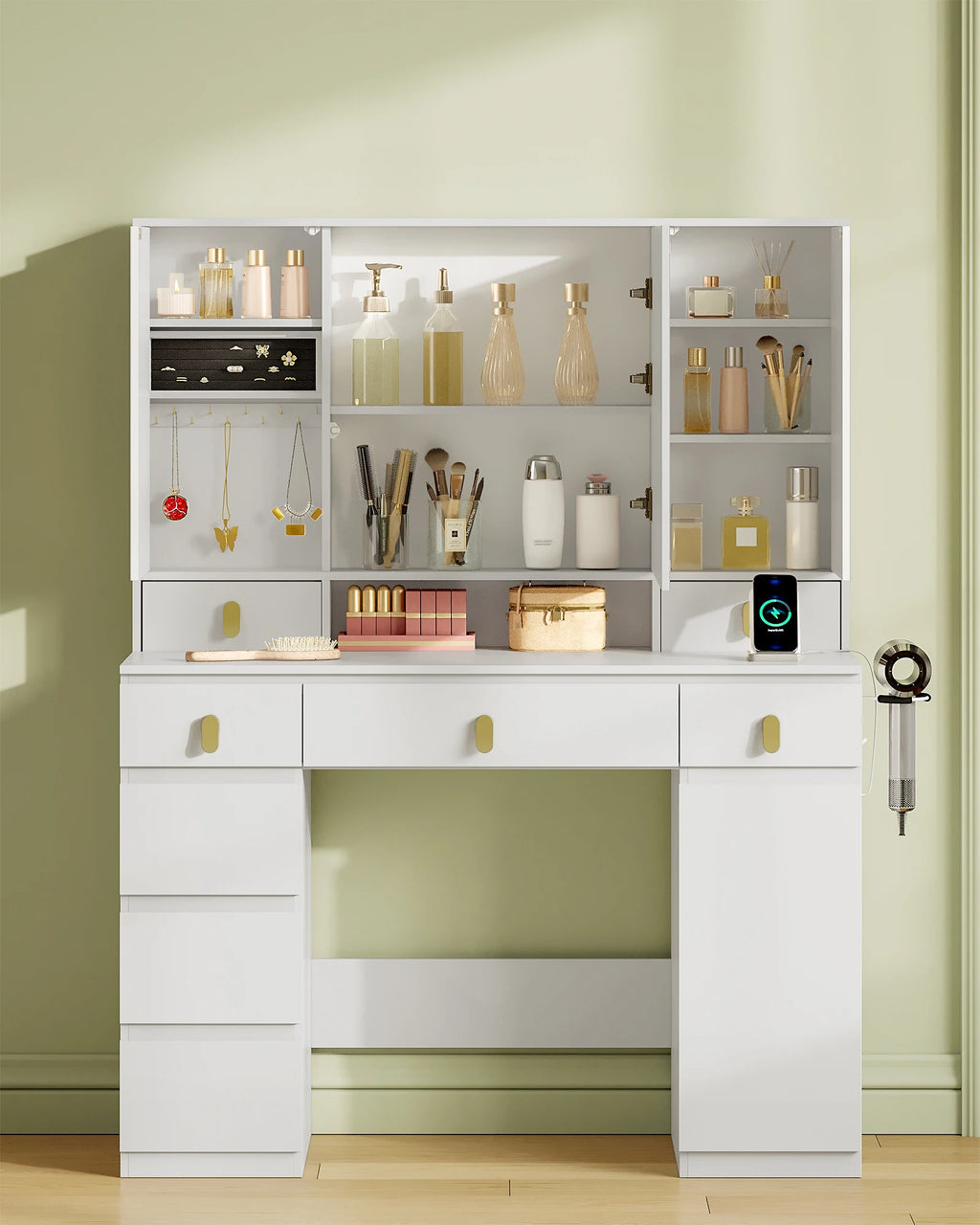 Coiffeuse avec Triple Miroir LED et Multiprise - Emma – vue 3