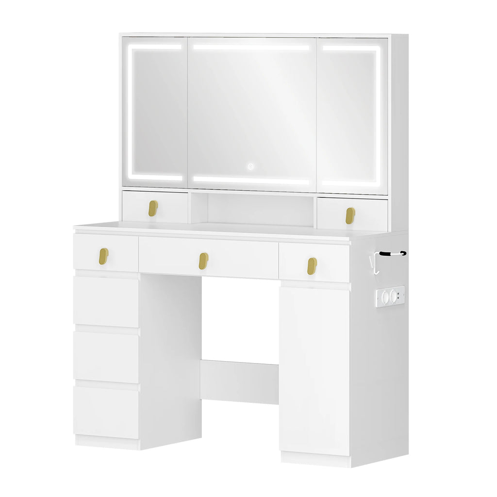 Coiffeuse avec Triple Miroir LED et Multiprise - Emma