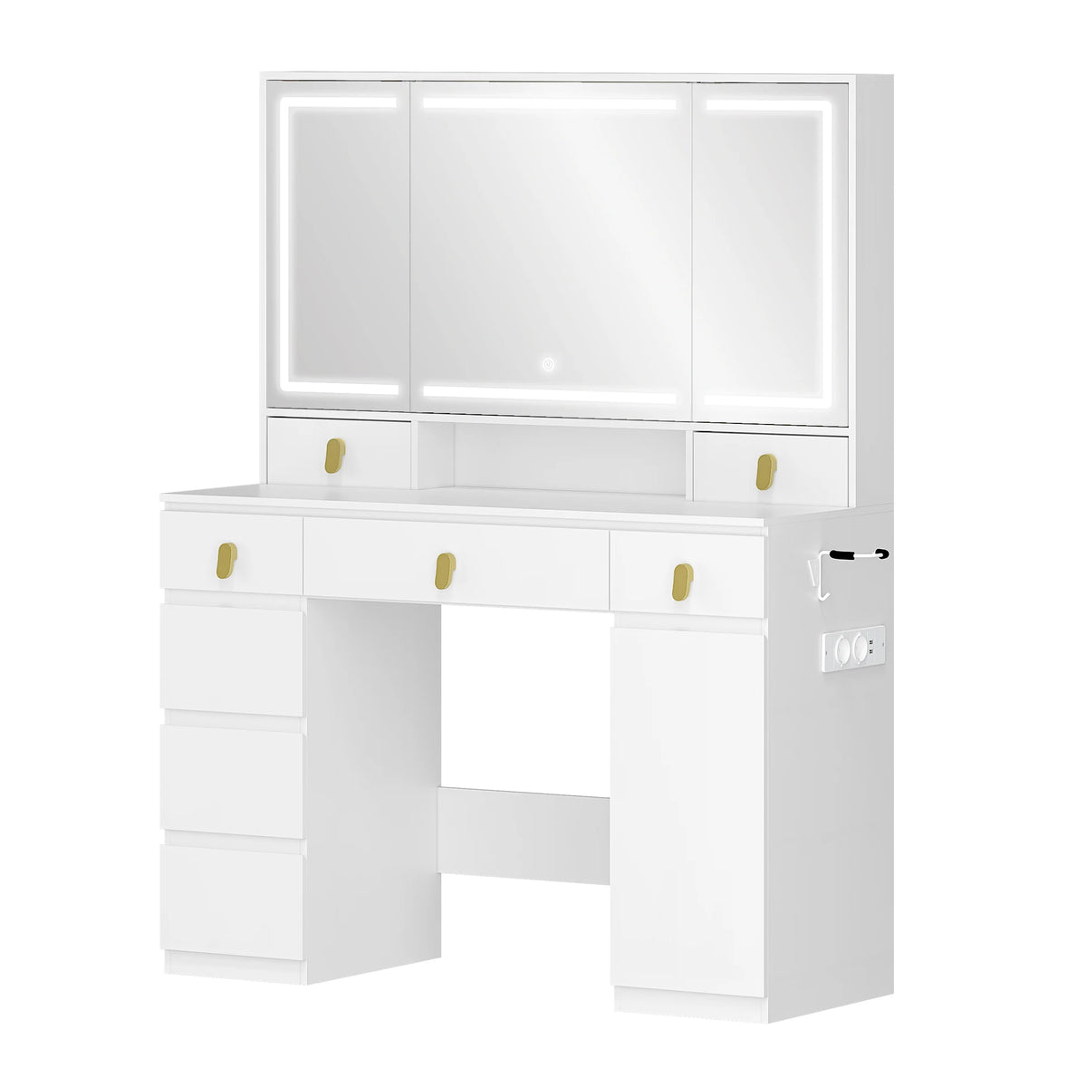 Coiffeuse avec Triple Miroir LED et Multiprise - Emma