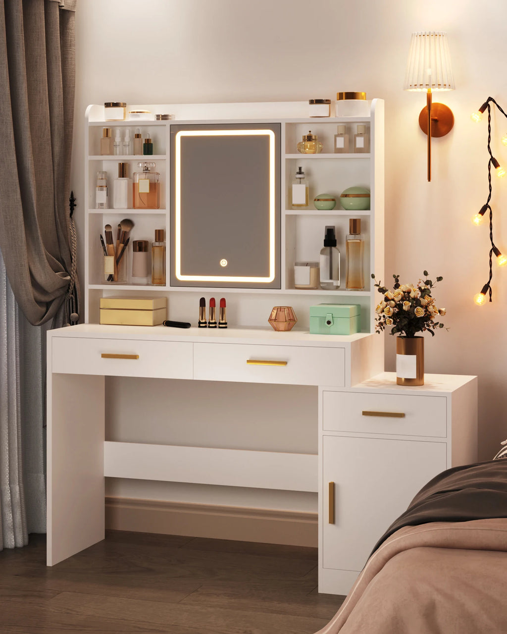 Coiffeuse 100 cm avec Miroir, 3 Tiroirs et Armoire - Louise – vue 2