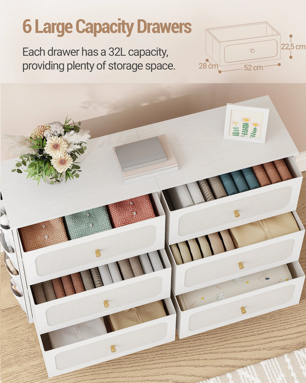 Commode Blanche 6 Tiroirs en Tissu - Olivia – vue 3