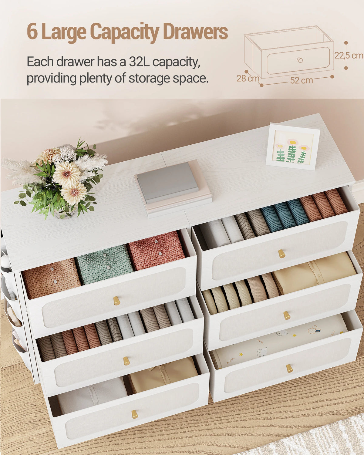 Commode Blanche 6 Tiroirs en Tissu - Olivia – vue 3
