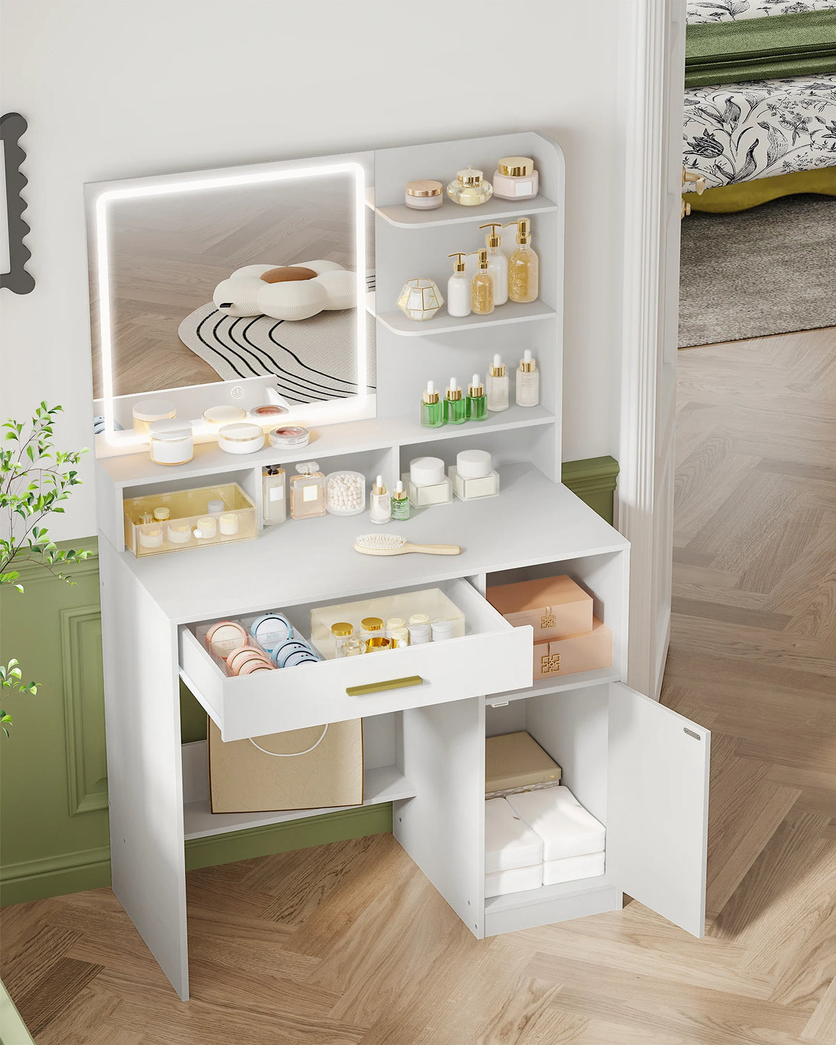 Coiffeuse avec Barre LED, Tiroirs et Armoire - Anna – vue 3