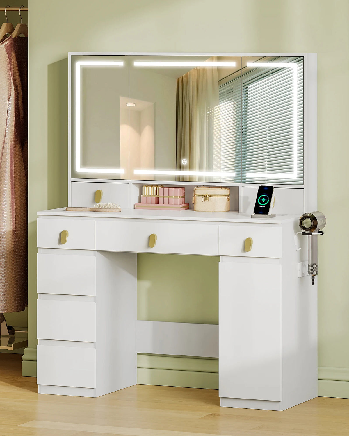 Coiffeuse avec Triple Miroir LED et Multiprise - Emma