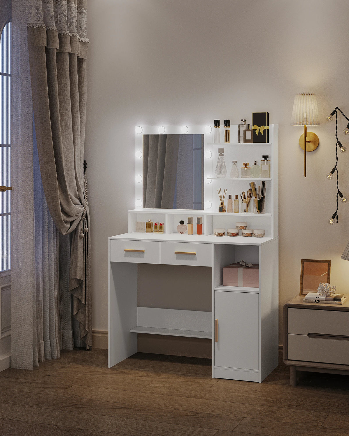 Coiffeuse avec Miroir 10 LED et Poignées Dorées - Alice – vue 2