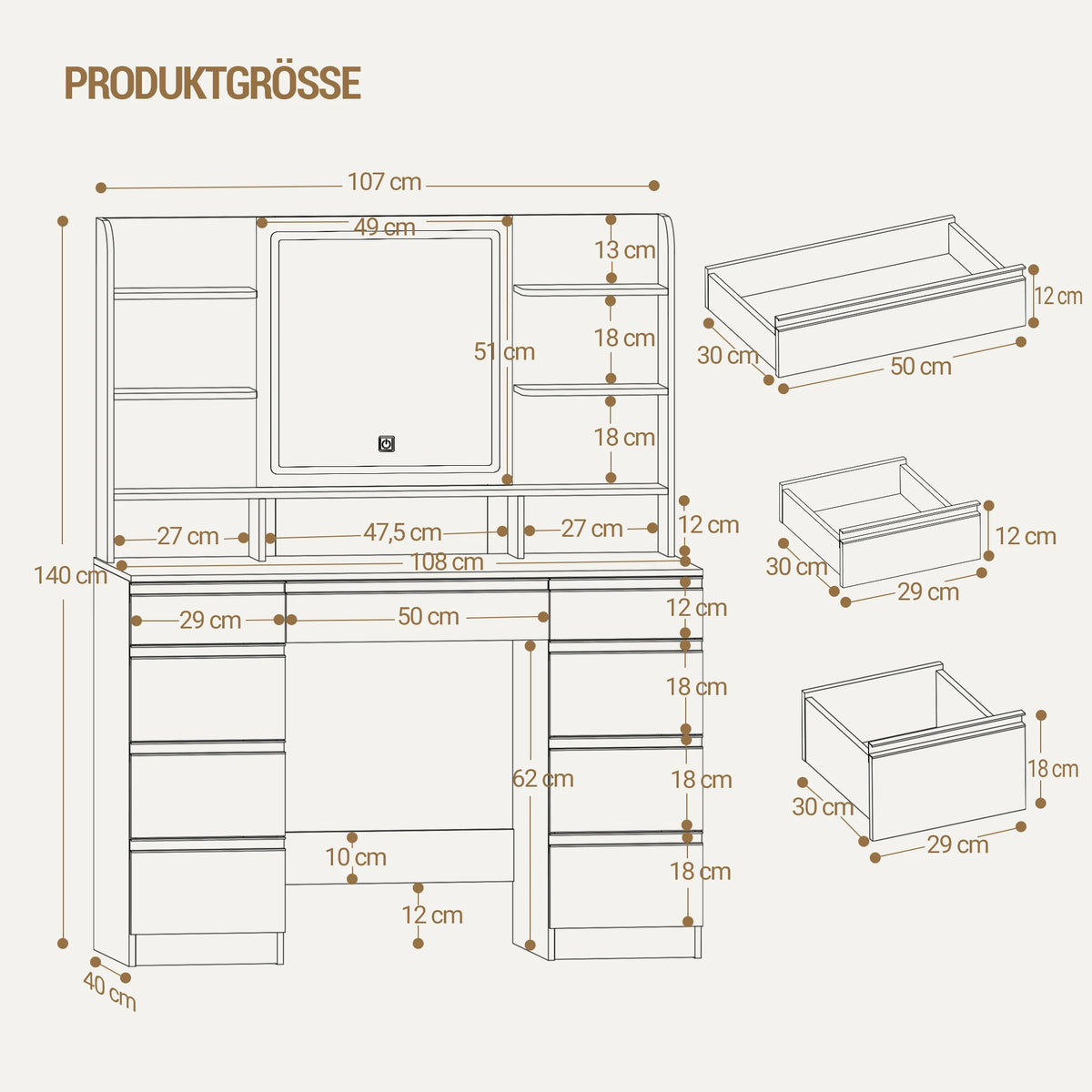 Coiffeuse avec Miroir Intégré, 9 Tiroirs et 9 Niches - Mia – vue 6
