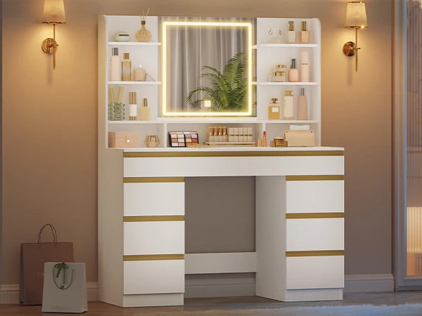 Coiffeuse avec Miroir Intégré, 9 Tiroirs et 9 Niches - Mia – vue 2