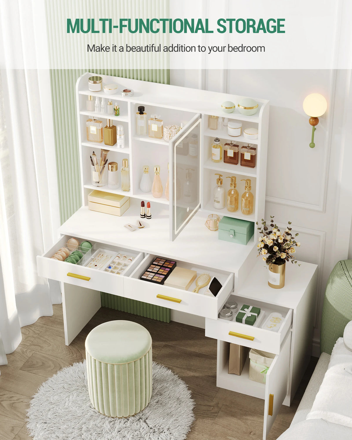 Coiffeuse 100 cm avec Miroir, 3 Tiroirs et Armoire - Louise – vue 4