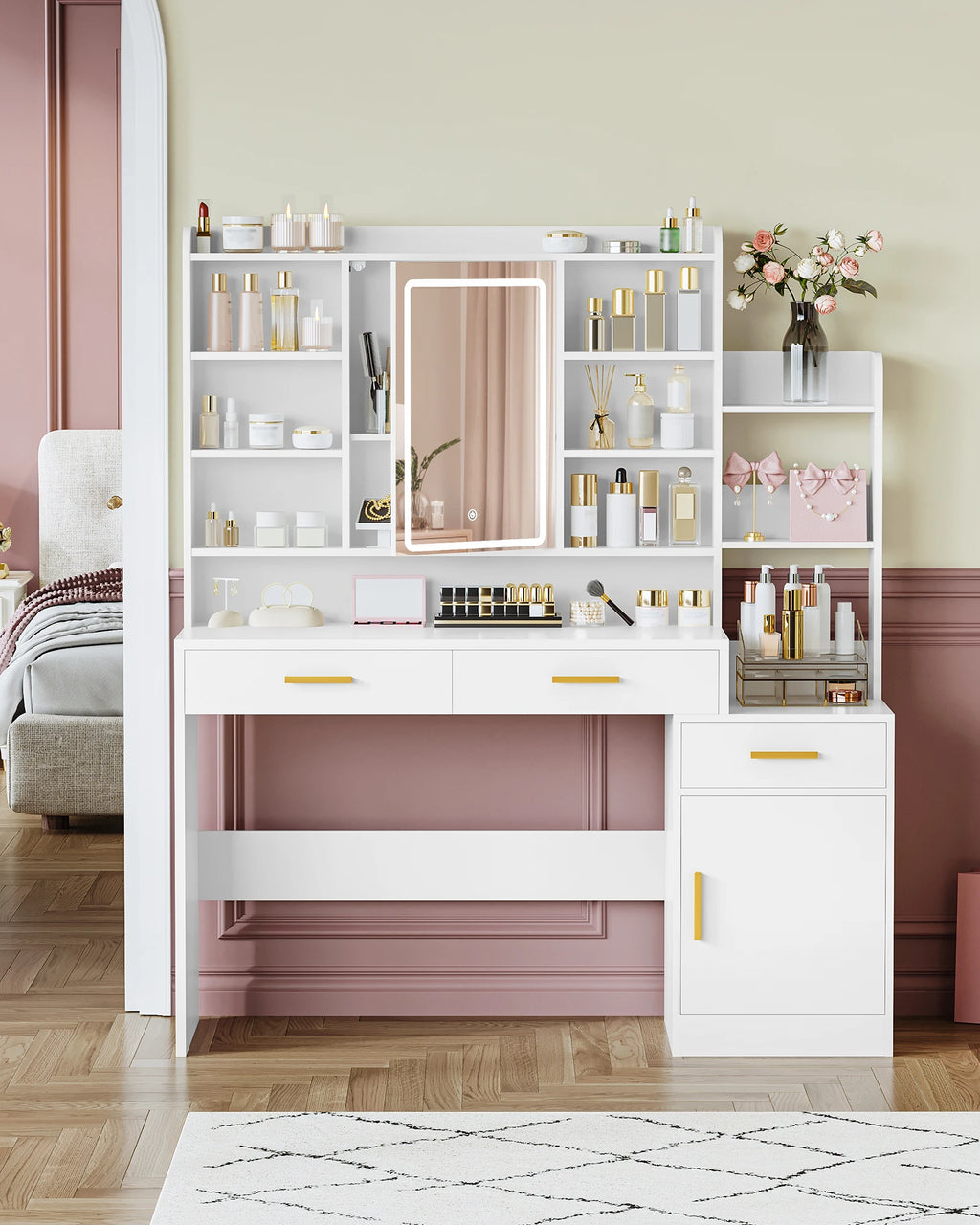 Coiffeuse 100 cm avec Miroir LED et Armoire - Julie – vue 2