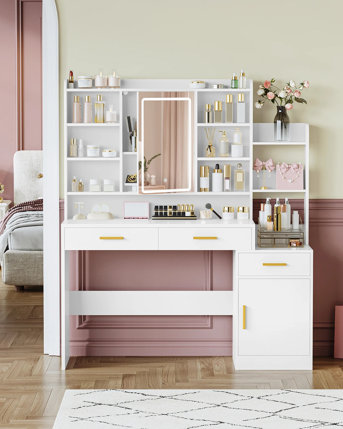 Coiffeuse 100 cm avec Miroir LED et Armoire - Julie – vue 2