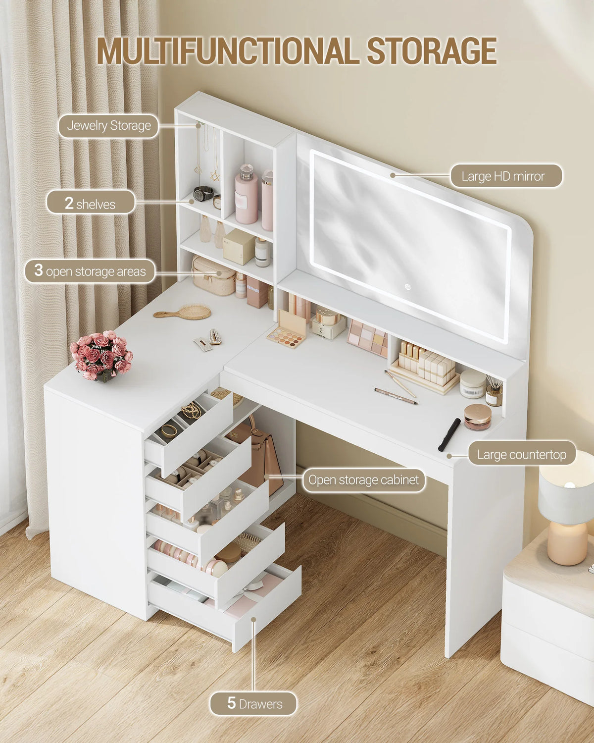 Coiffeuse d'Angle en L avec Miroir LED - Clara – vue 3