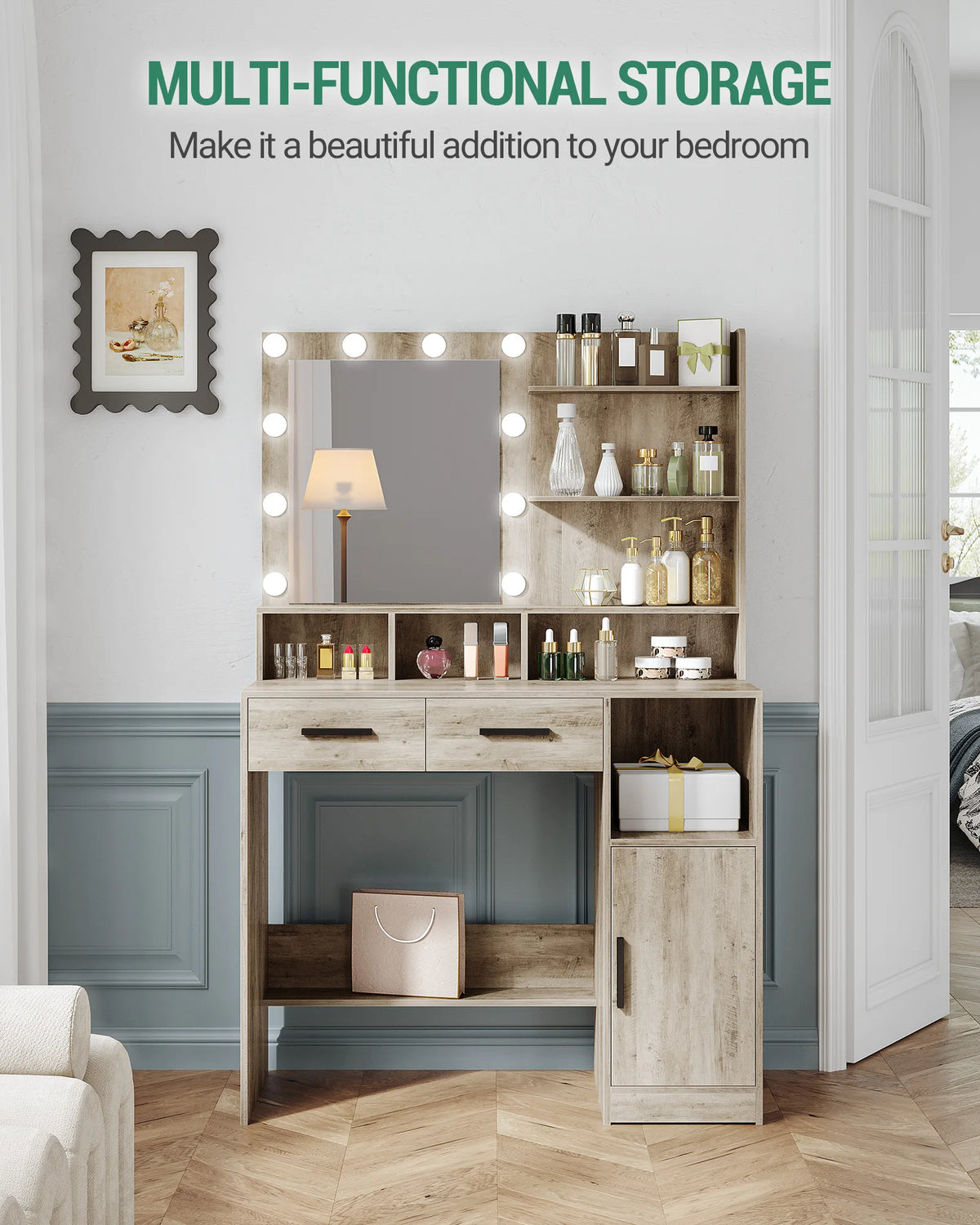 Coiffeuse avec Miroir 10 LED et Poignées Dorées - Alice – vue 4