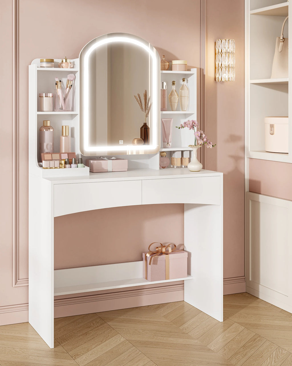 Coiffeuse avec Miroir Rond LED et Bijoux Cachés - Sofia