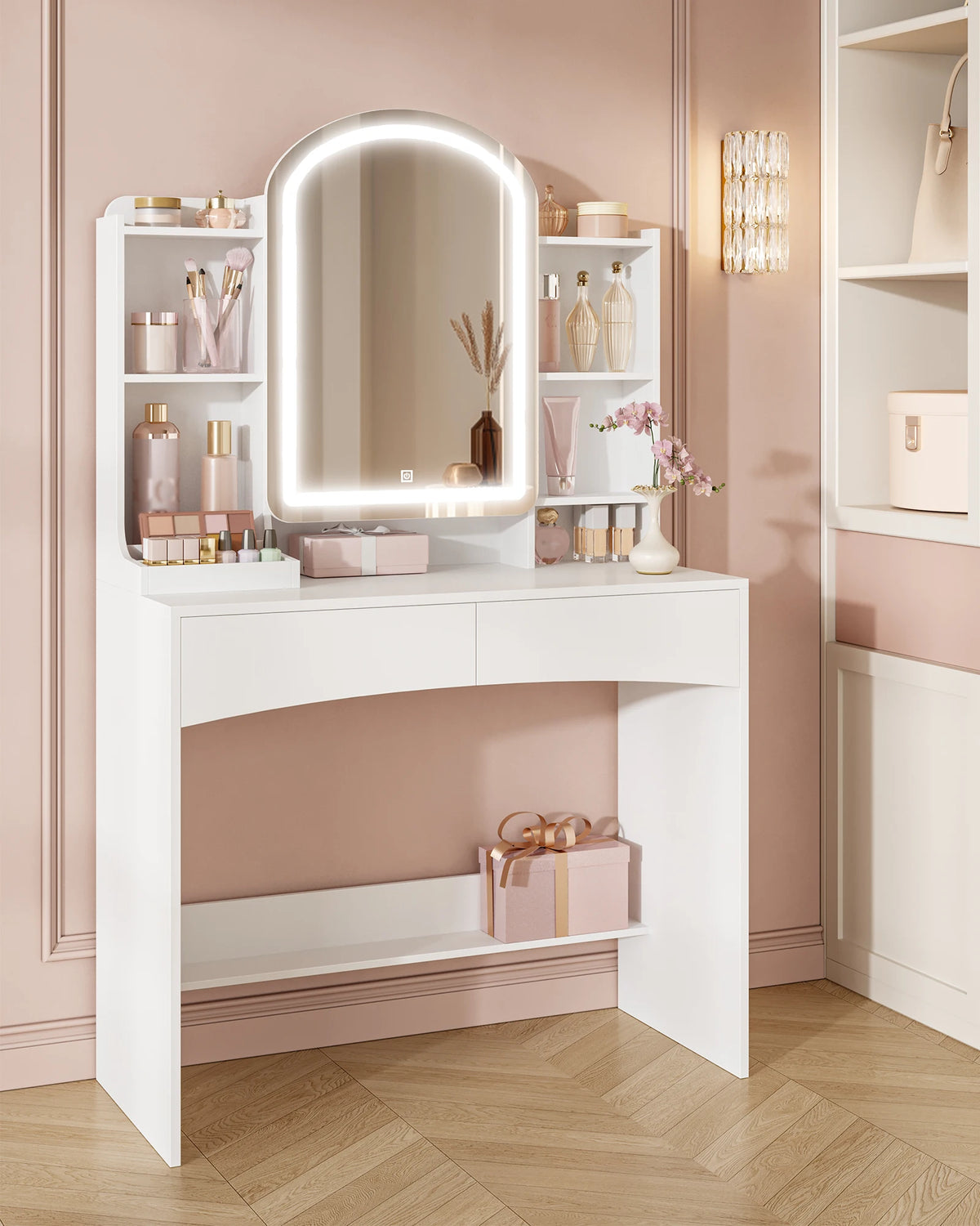 Coiffeuse avec Miroir Rond LED et Bijoux Cachés - Sofia
