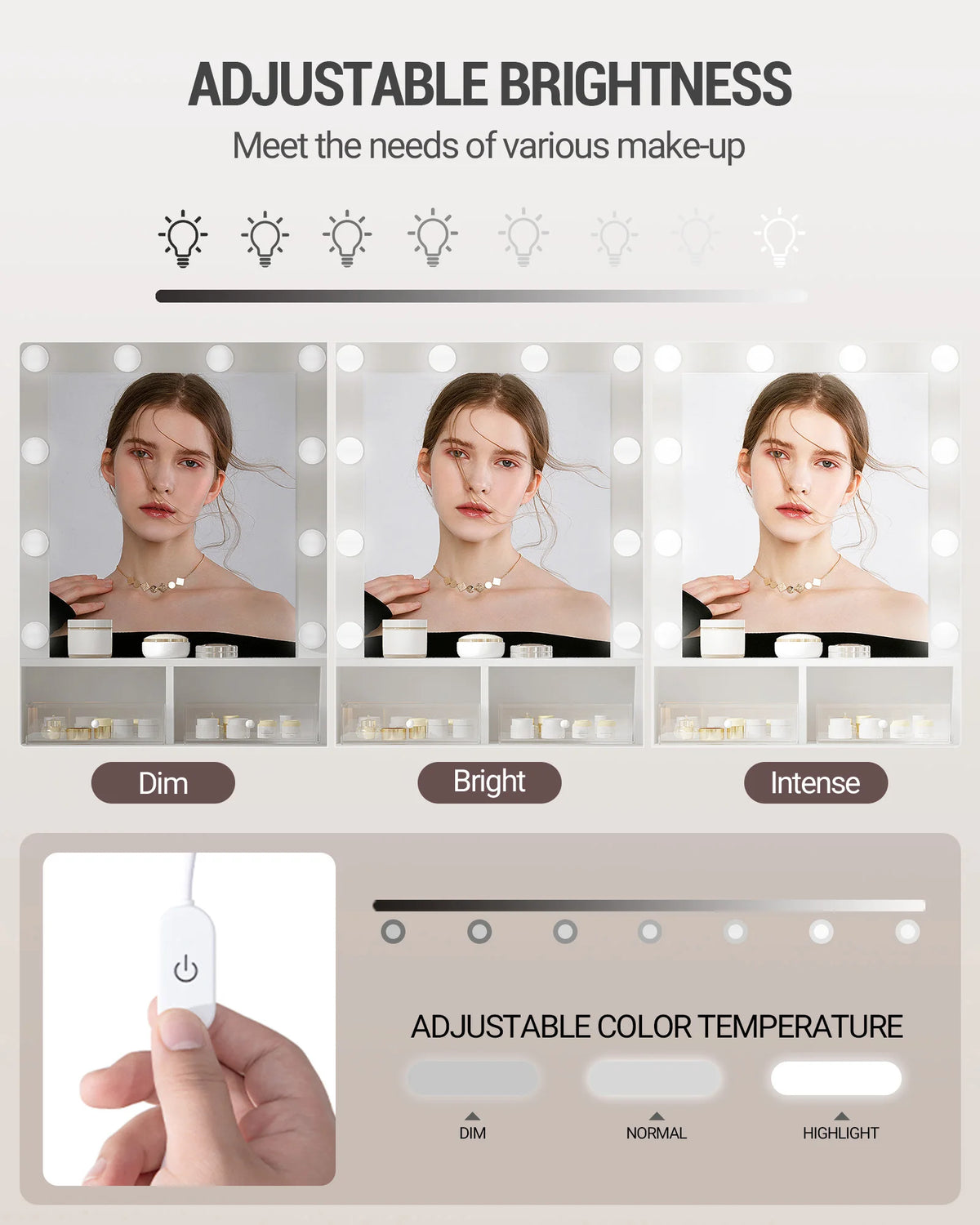 Coiffeuse Blanche avec Miroir Lumineux et 2 Tiroirs - Lola – vue 5
