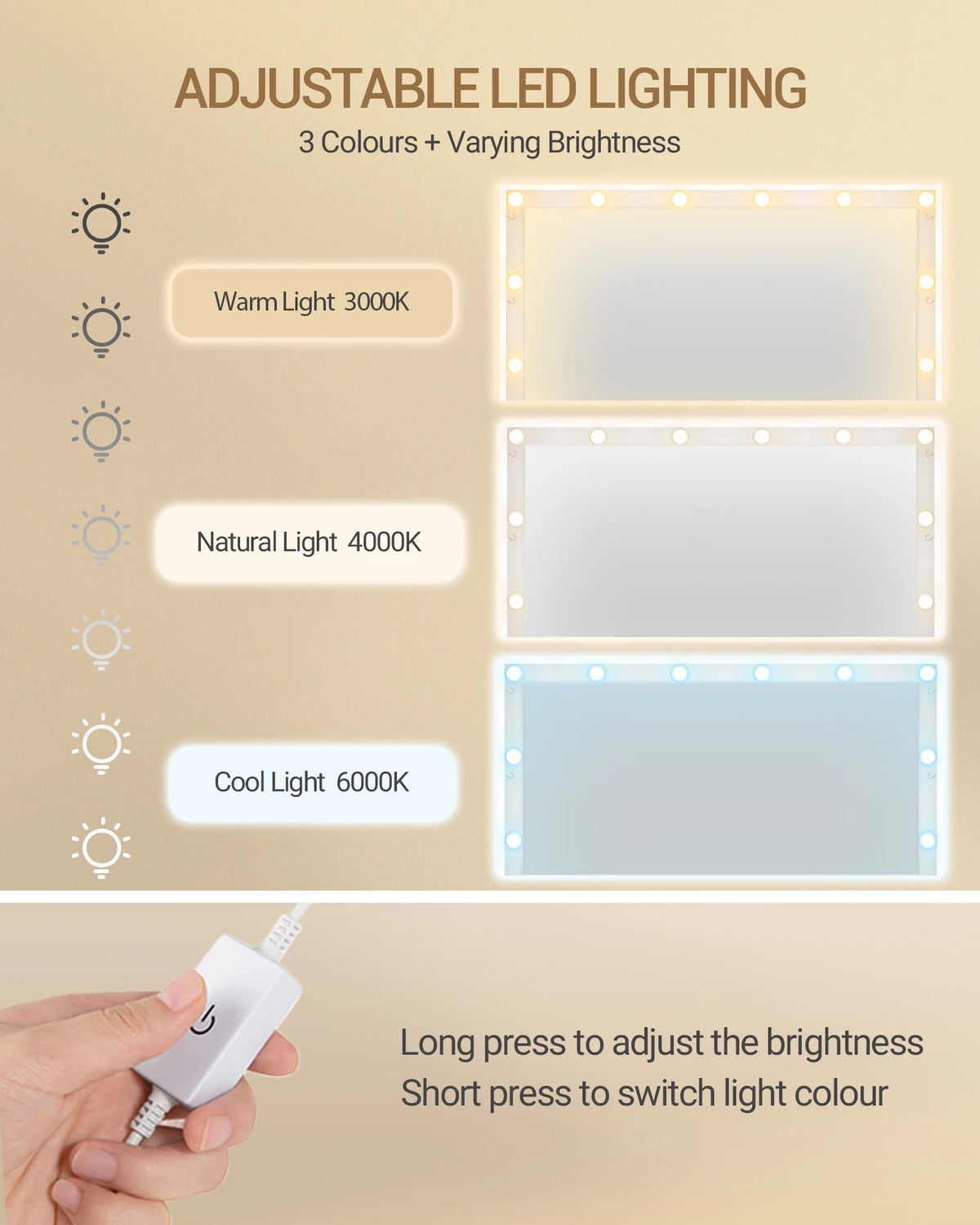 Coiffeuse avec Miroir HD LED et Crochets à Bijoux - Ambre – vue 5