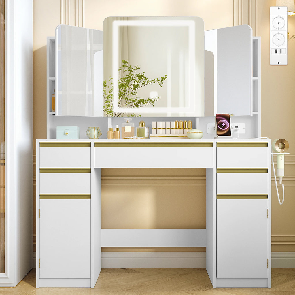 Coiffeuse avec Triple Miroir Pliant et Rangement Caché - Eva
