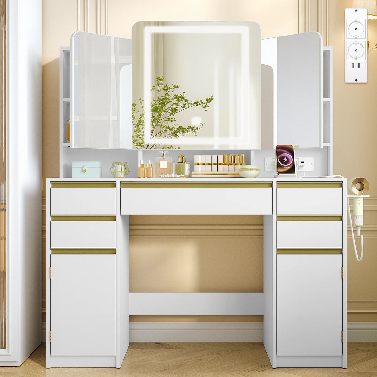 Coiffeuse avec Triple Miroir Pliant et Rangement Caché - Eva