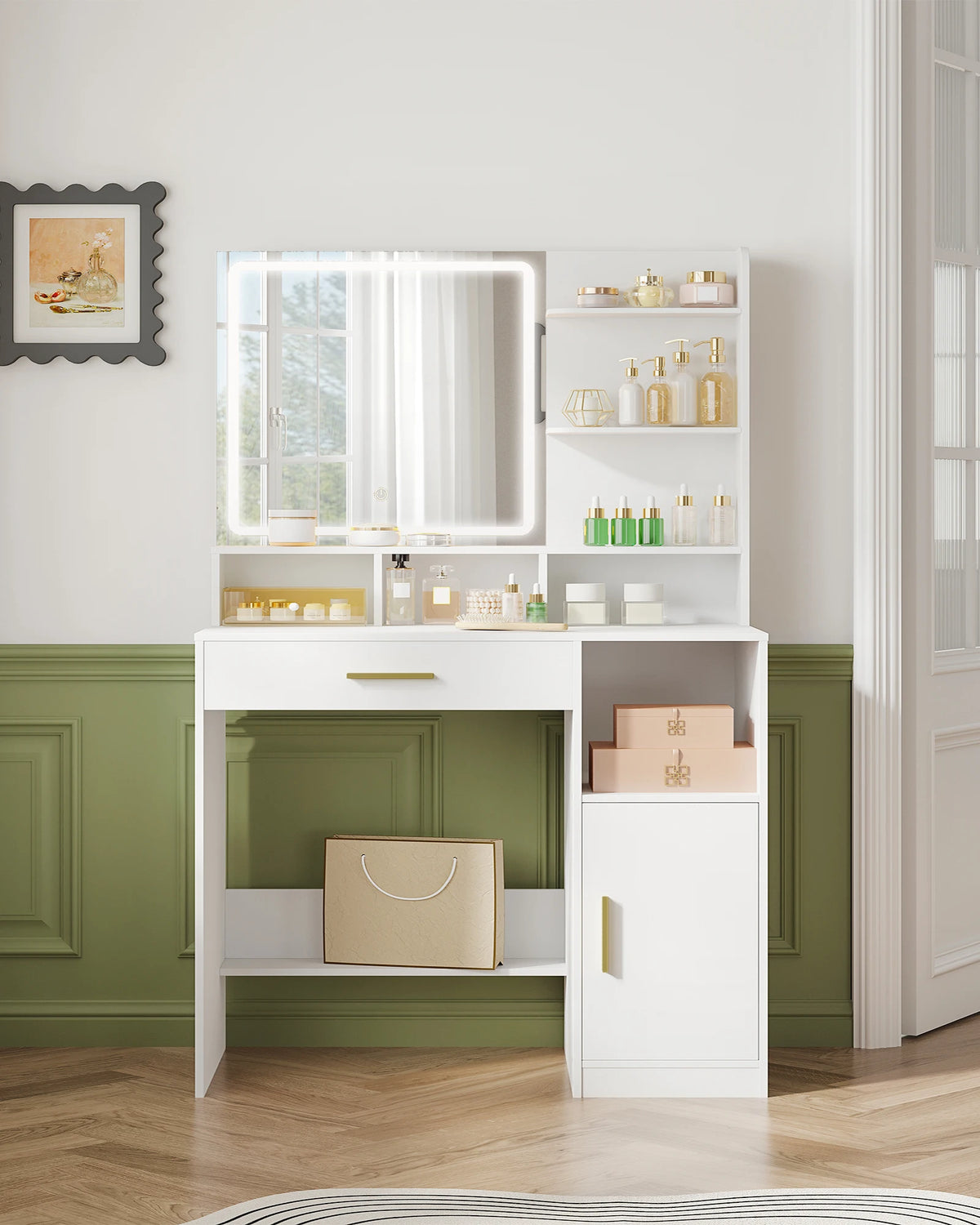 Coiffeuse avec Barre LED, Tiroirs et Armoire - Anna – vue 2