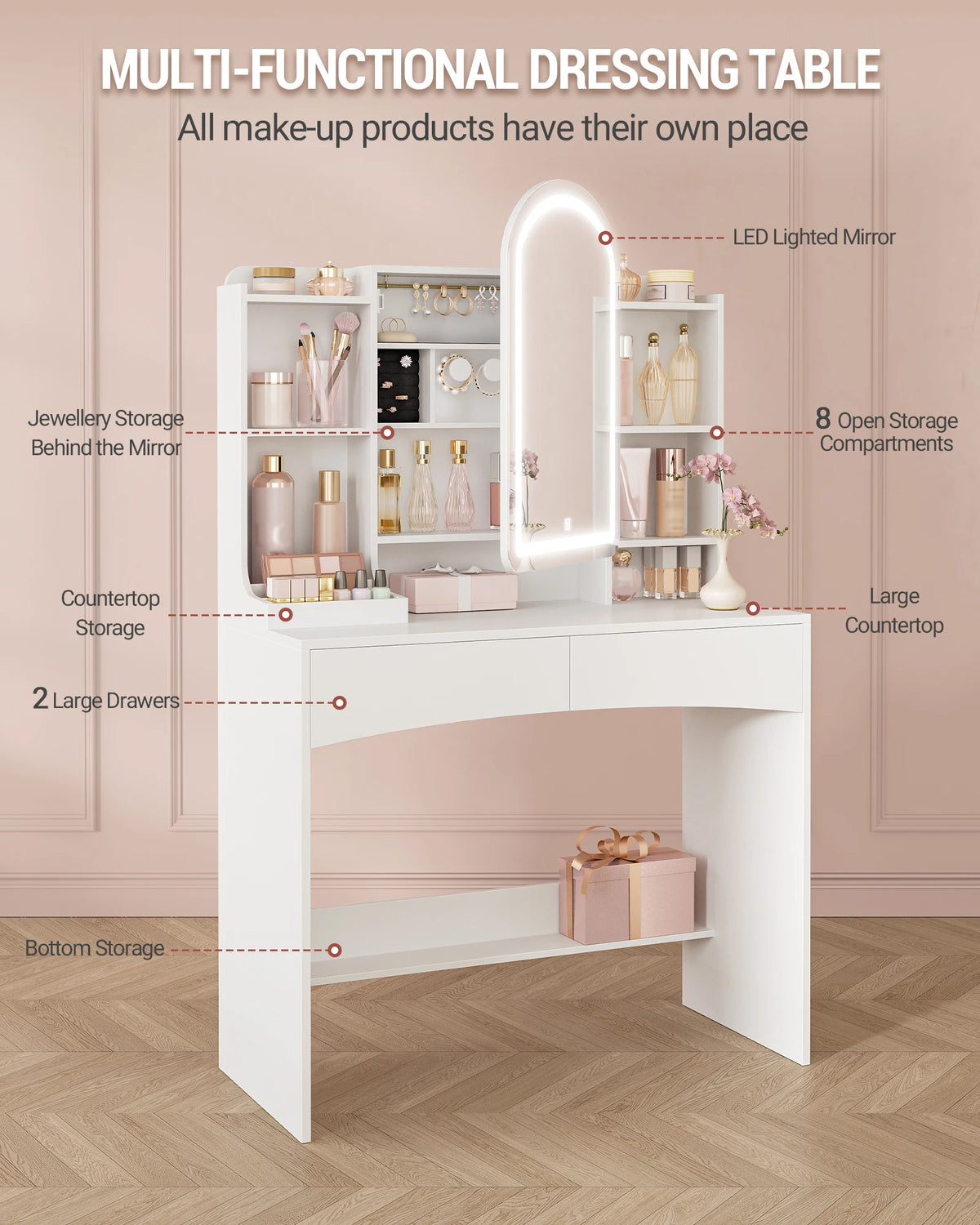 Coiffeuse avec Miroir Rond LED et Bijoux Cachés - Sofia – vue 4