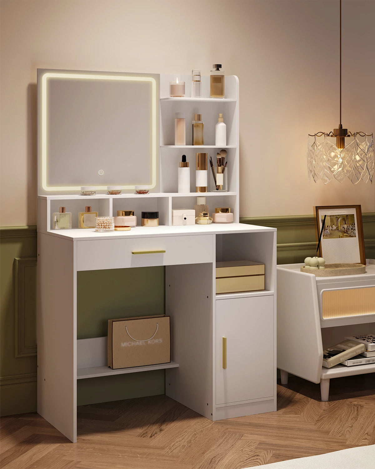 Coiffeuse avec Barre LED, Tiroirs et Armoire - Anna