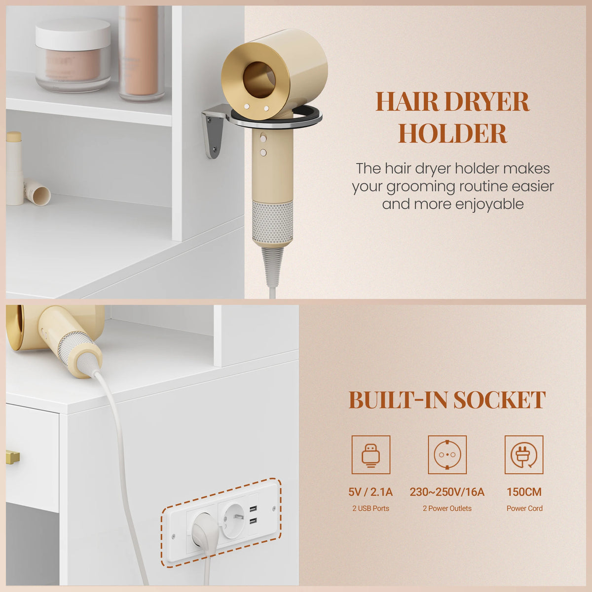 Coiffeuse avec Miroir Ovale et Support Sèche-Cheveux - Céleste – vue 4