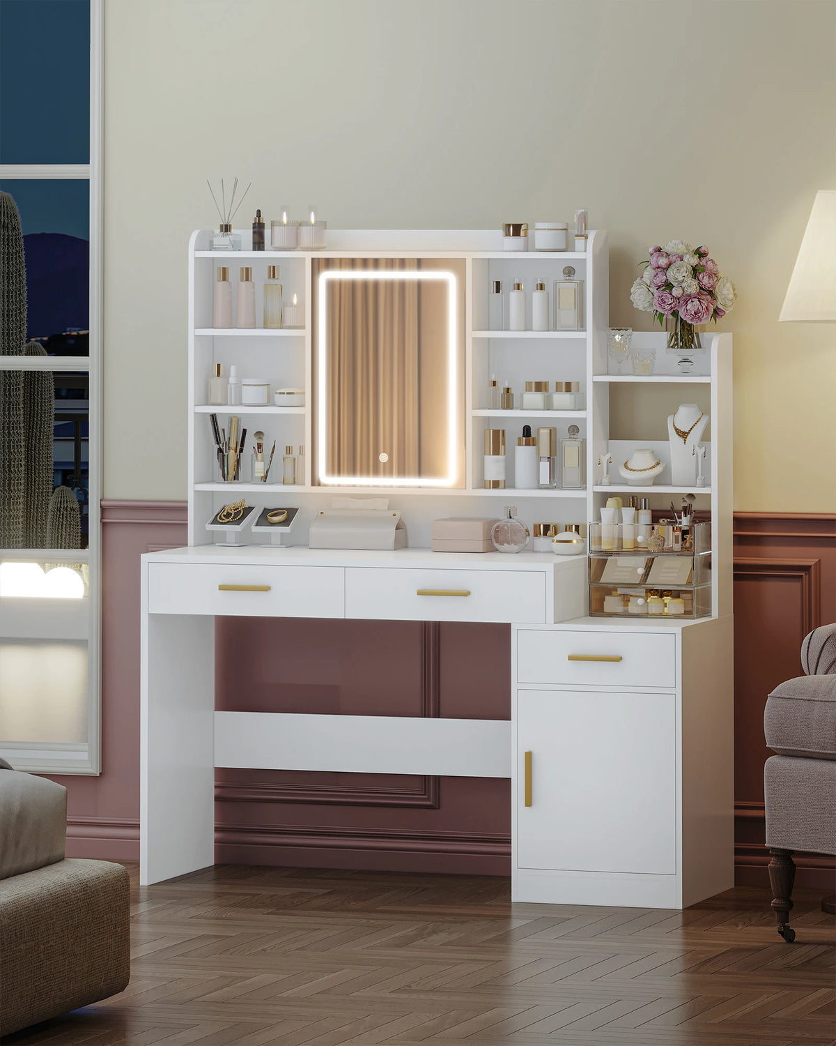 Coiffeuse 100 cm avec Miroir LED et Armoire - Julie