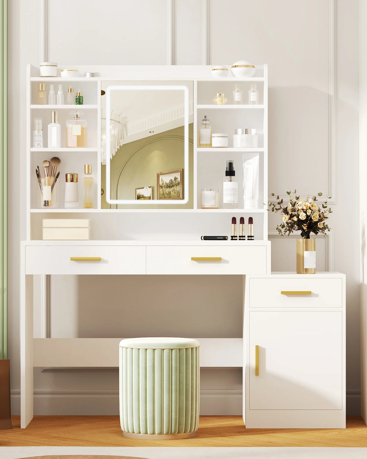 Coiffeuse 100 cm avec Miroir, 3 Tiroirs et Armoire - Louise