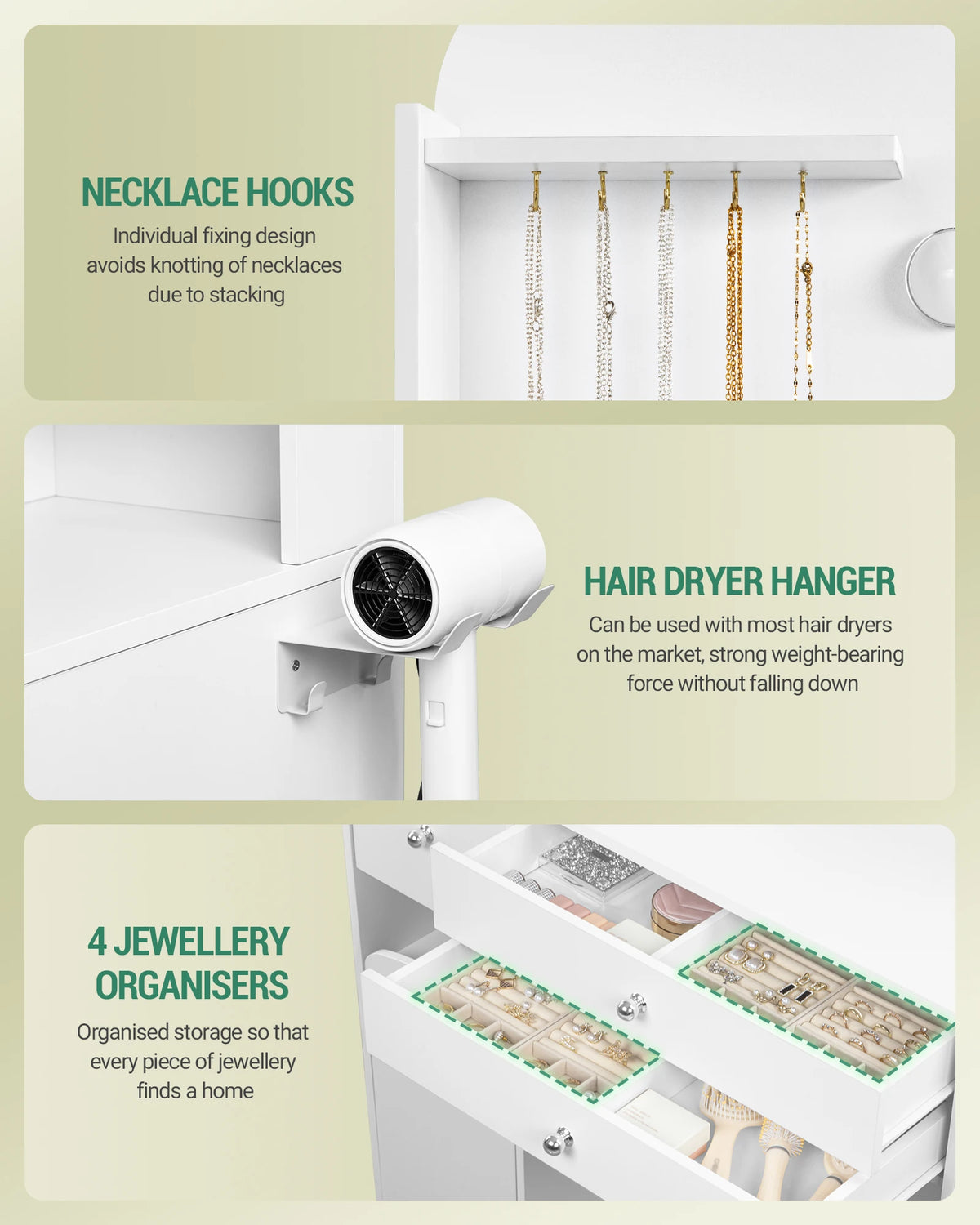 Coiffeuse LED avec Prises USB et Support Sèche-Cheveux - Manon – vue 5