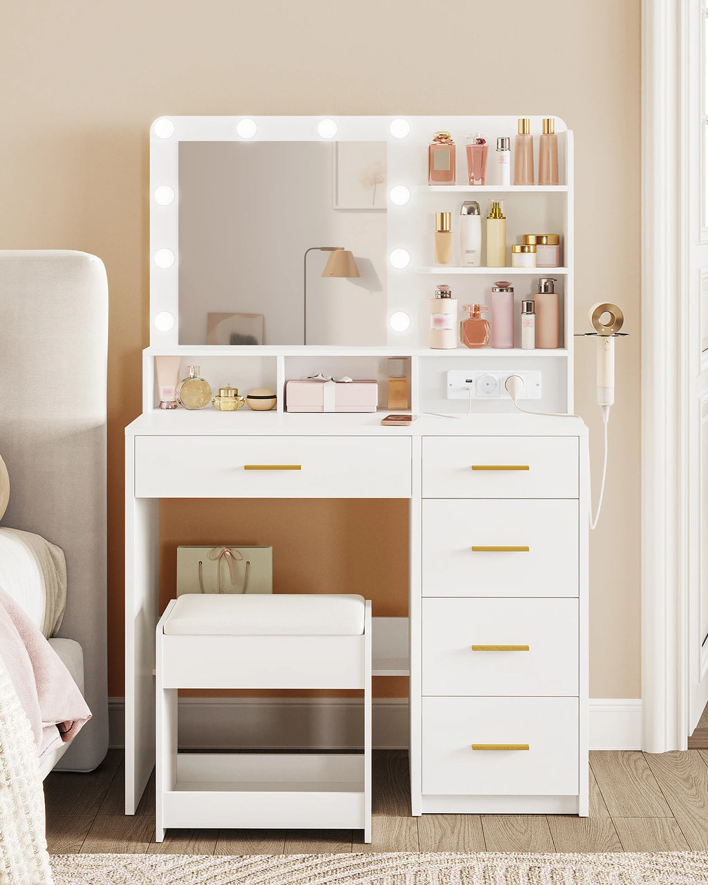 Coiffeuse avec Tabouret, Miroir LED et Prise Électrique - Camille