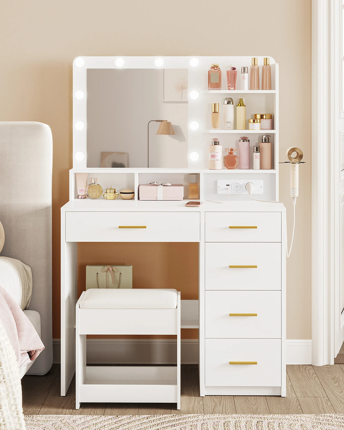 Coiffeuse avec Tabouret, Miroir LED et Prise Électrique - Camille