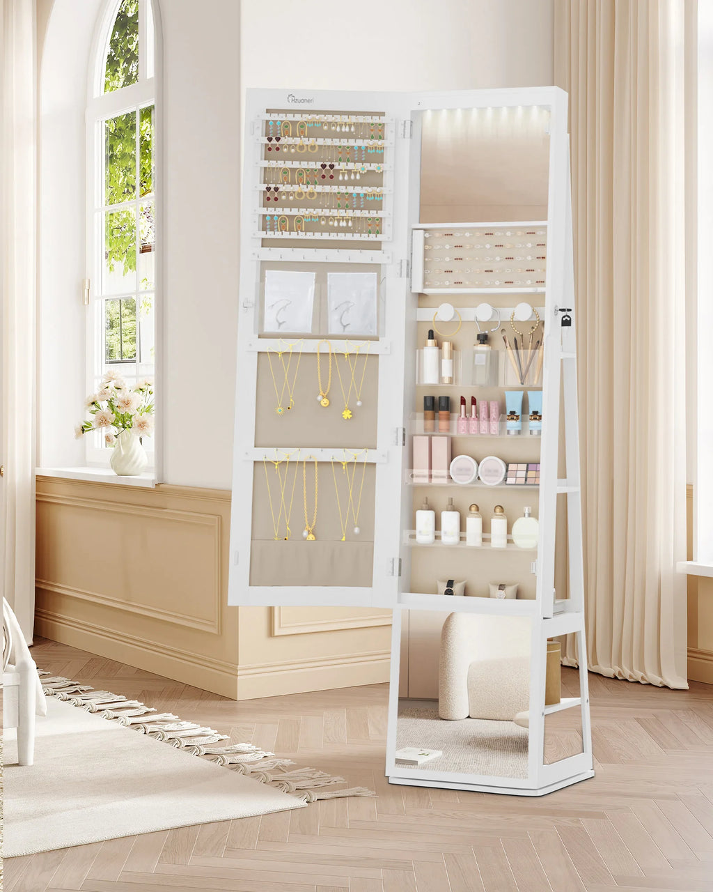Armoire à Bijoux Rotative avec Miroir Pleine Longueur - Rose