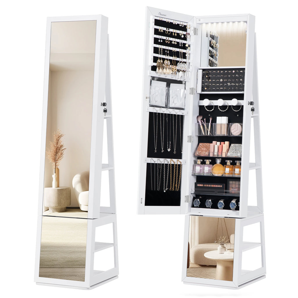 Armoire à Bijoux Rotative avec Miroir Pleine Longueur - Rose