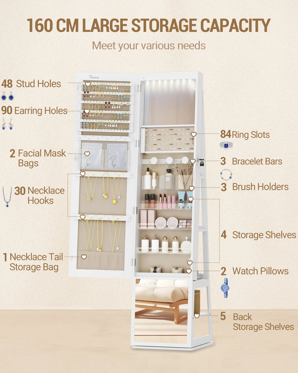Armoire à Bijoux Rotative avec Miroir Pleine Longueur - Rose – vue 4