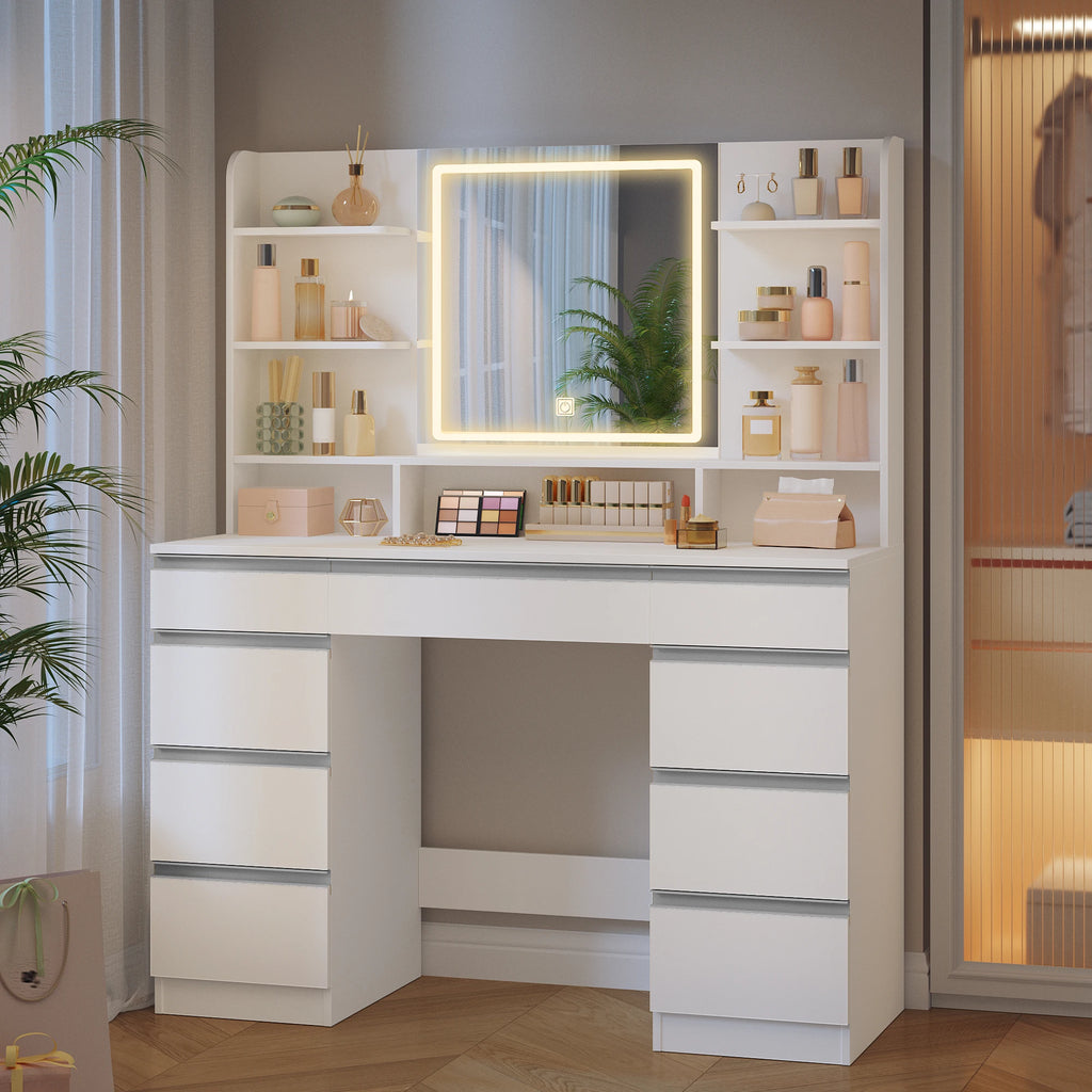Grande Coiffeuse LED 3 Couleurs avec 9 Tiroirs - Léa